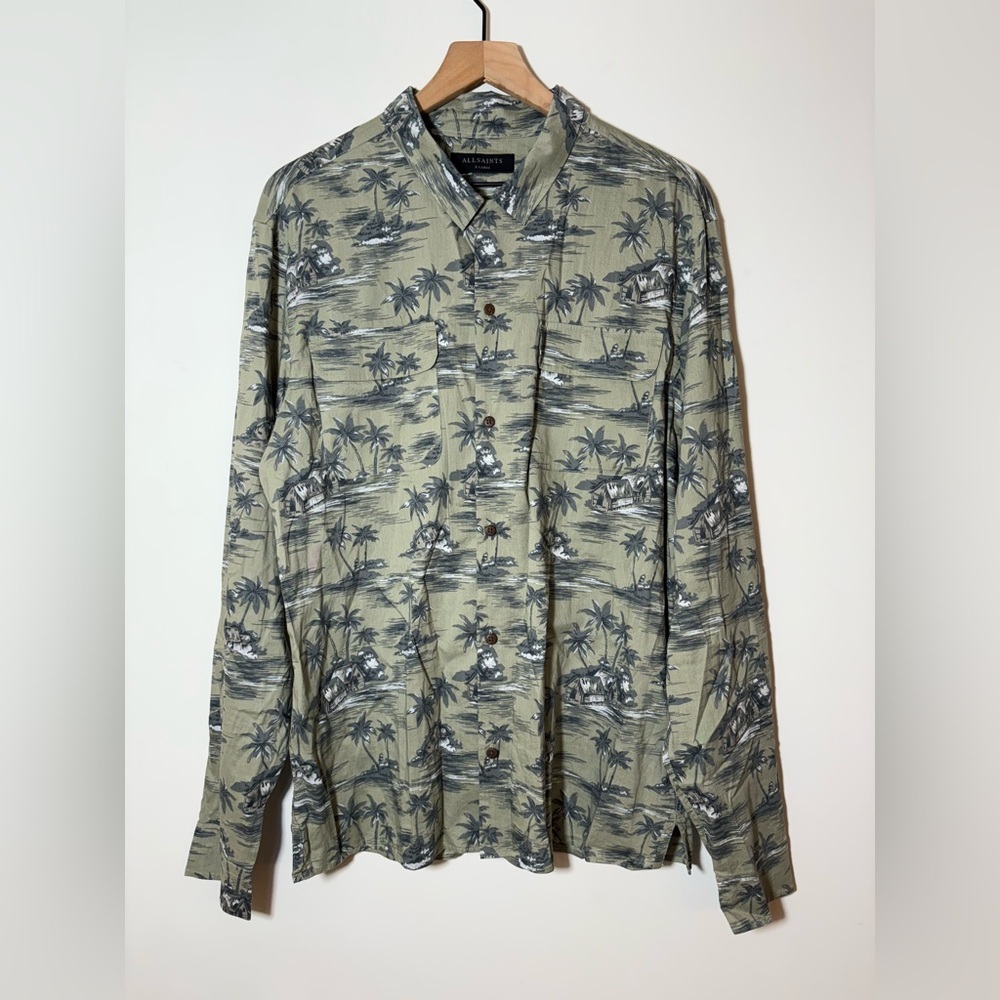 All Saints Green Palm Print Button-Down Shirt